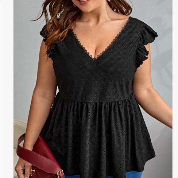 Plus Size Lace Eyelet Embroidered Back bow Top Blouse Shirt - Picture 9 of 14